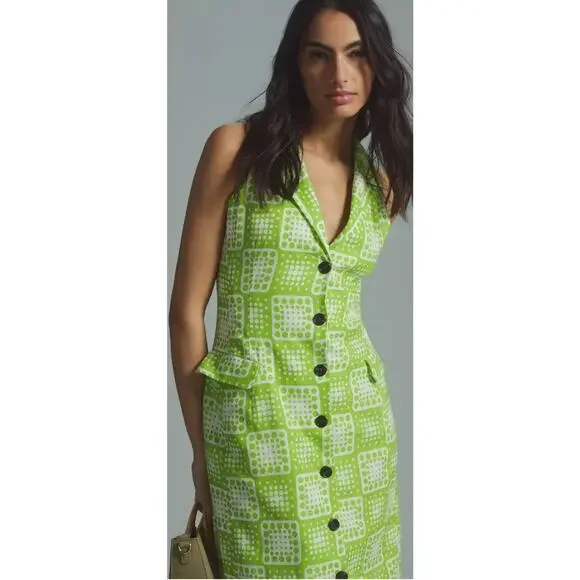 Anthropologie The Odells Button-Front Lime Green & White Midi Dress Size  12 Women